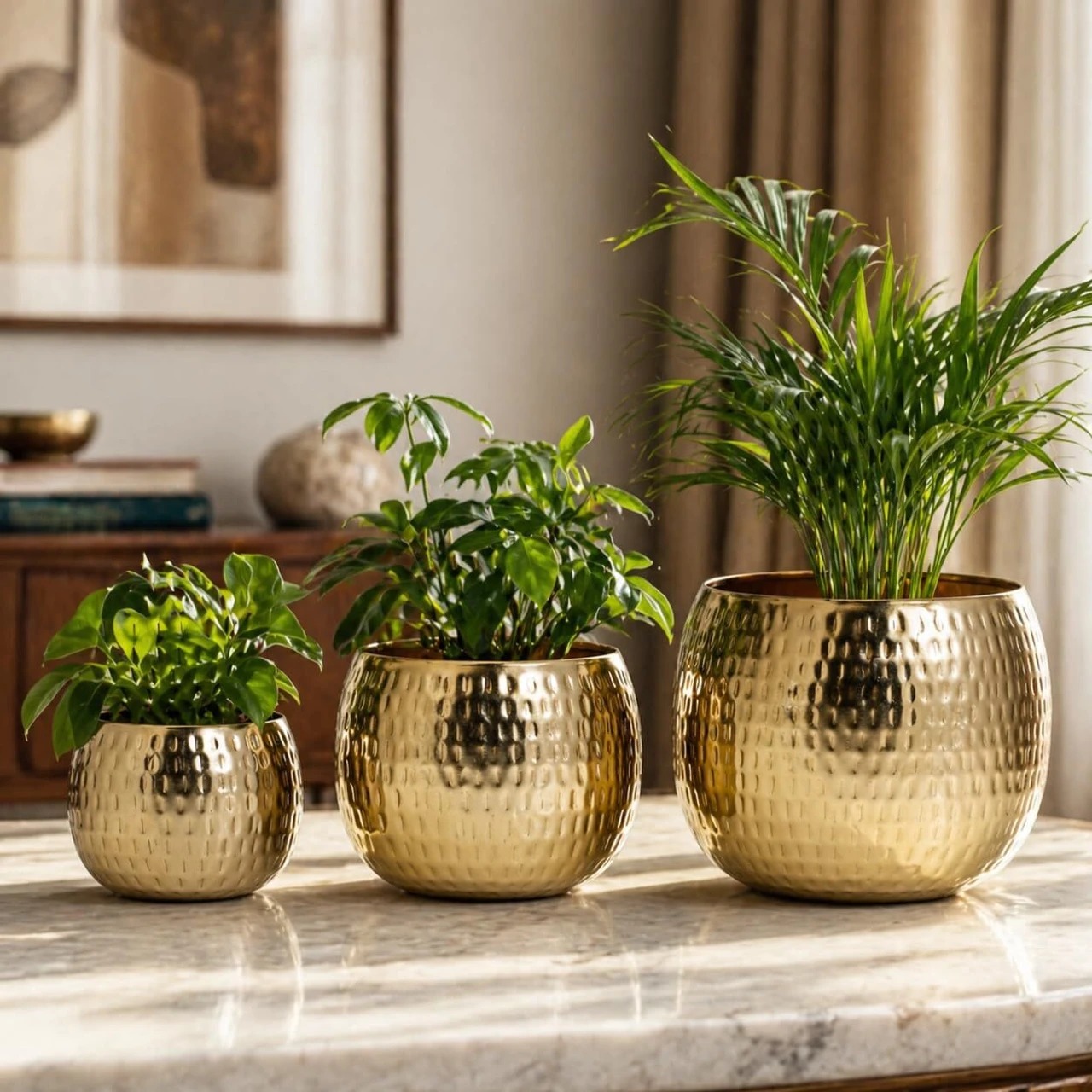 Set of 3 Hammered Brass Tabletop Planters AH-184 Moradabad